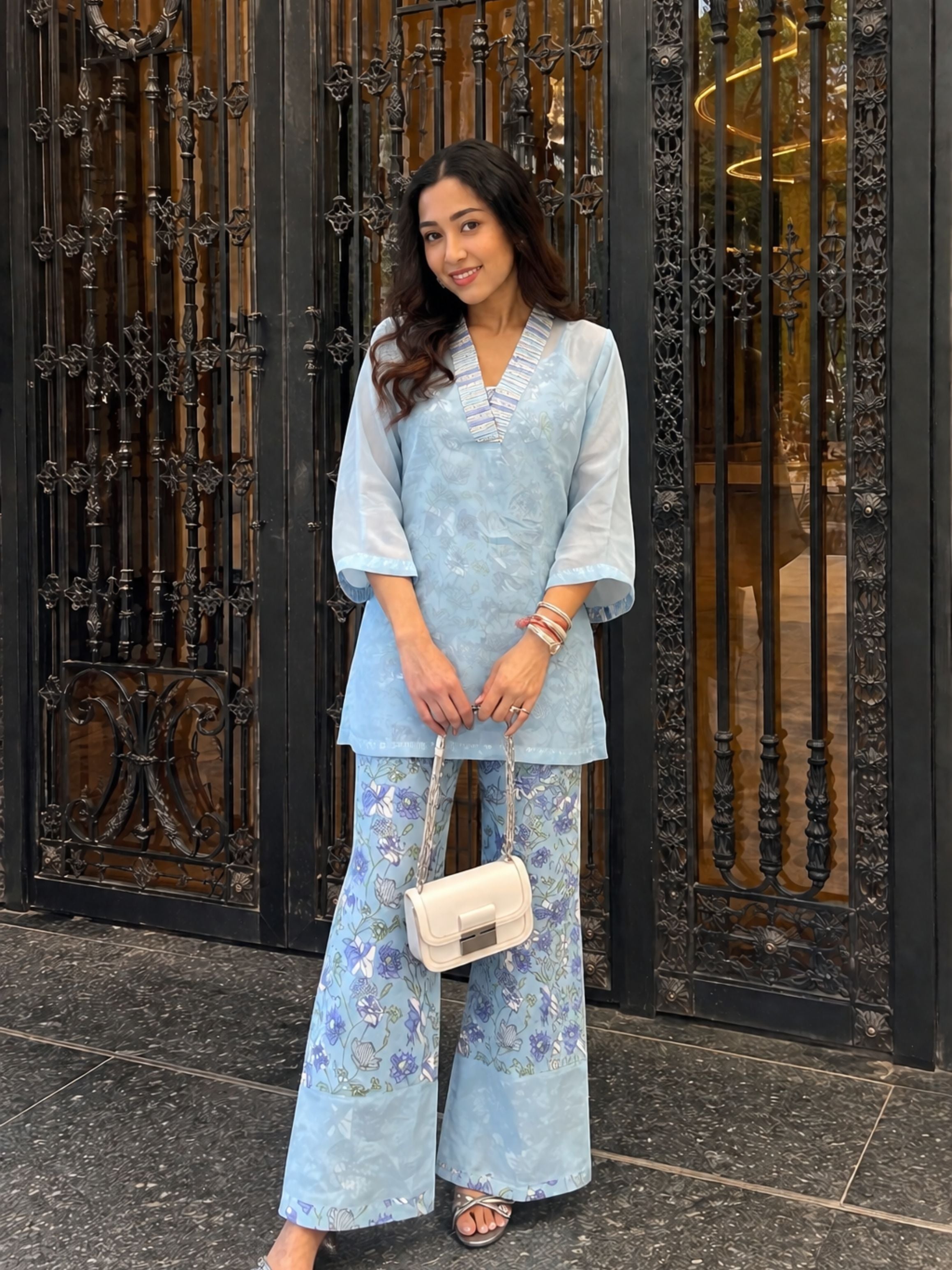 Blue Petal Whisper 3 piece Organza Cor-ord Set